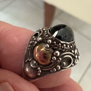 Vintage Elegant Black and Sterling Silver and Gold Onyx Ring